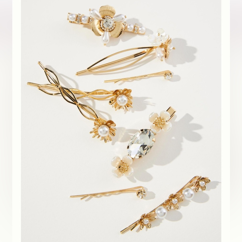 Anthropologie Set of Eight Floral Hair Clips NWT Gold Pearl Gems Rhinestones